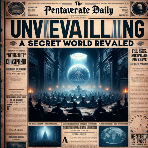 "Front page of 'The Pentaverate Daily' featuring headlines about secret world revelations and a mysterious council meeting photo."